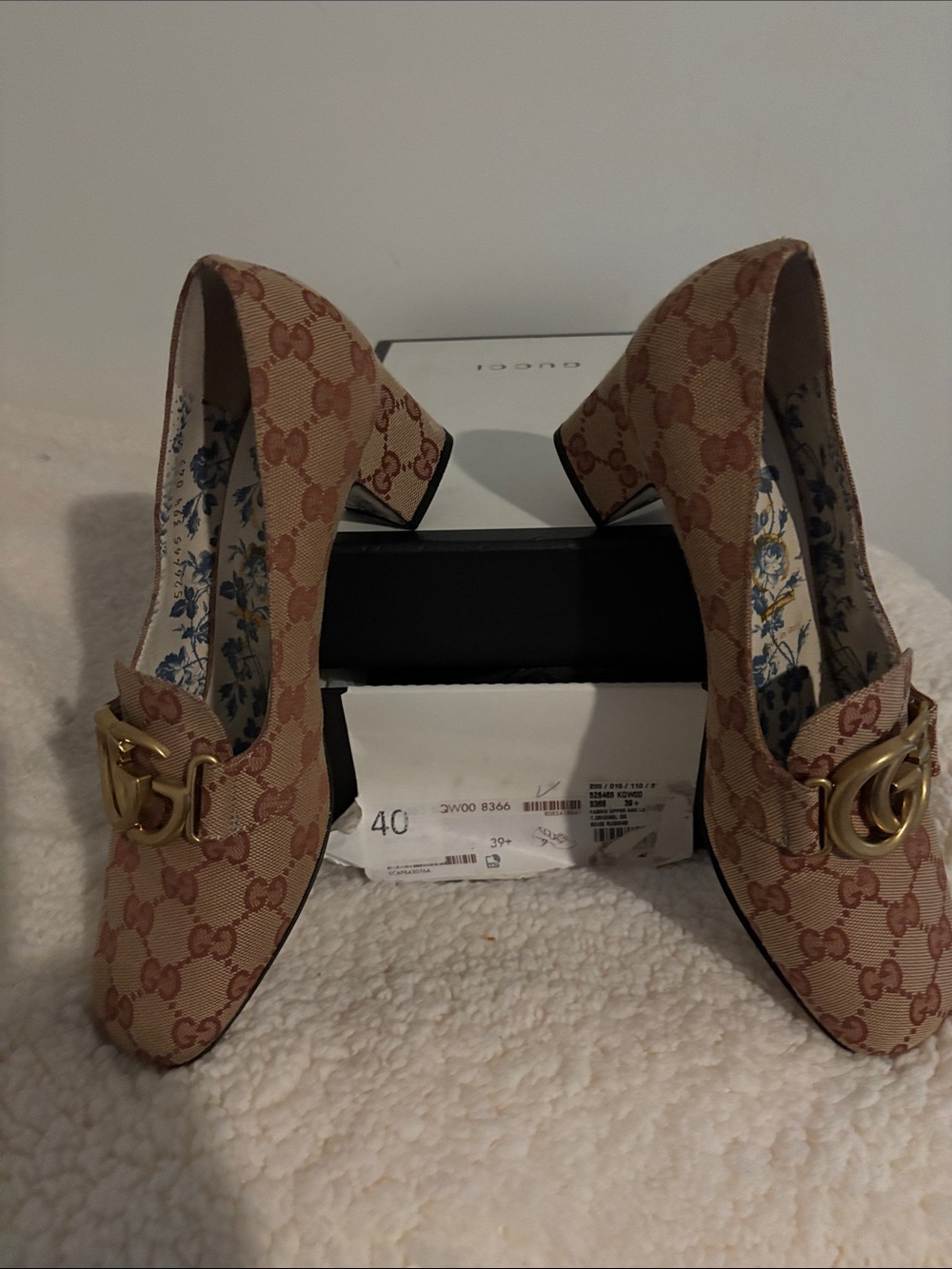Gucci Beige GG Supreme Canvas Gold Horsebit Block Heel Pumps